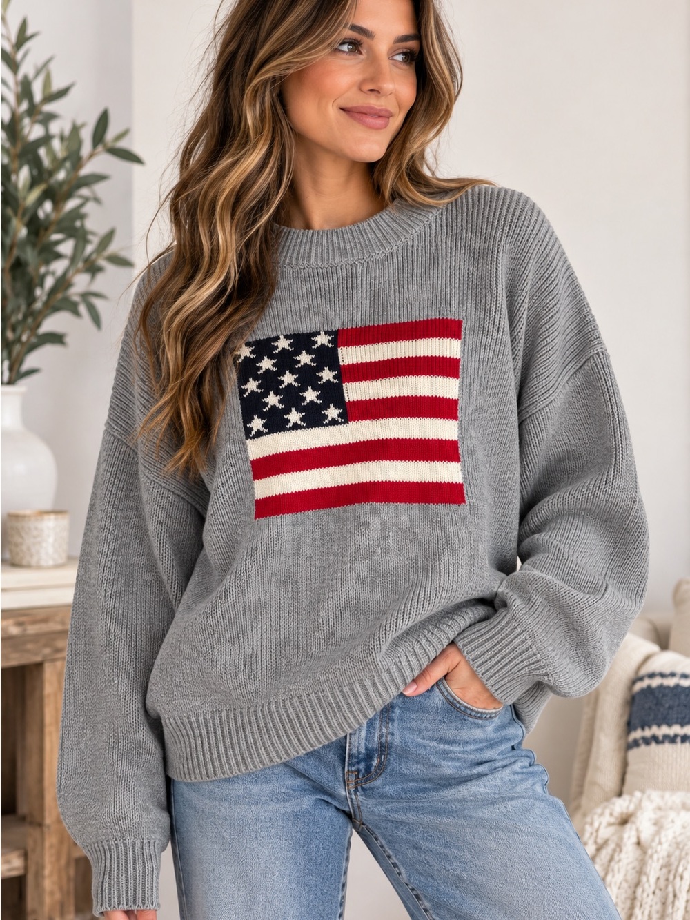 Zenana Outfitters Grey Crewneck Sweater with Flag